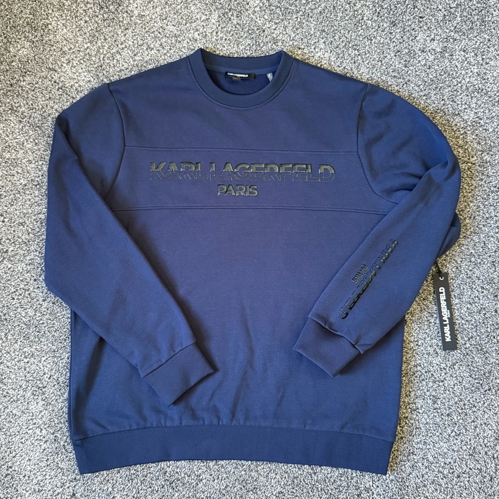 Karl Lagerfeld Navy Crewneck Sweatshirt with Black Color Blocked Logo - NWT